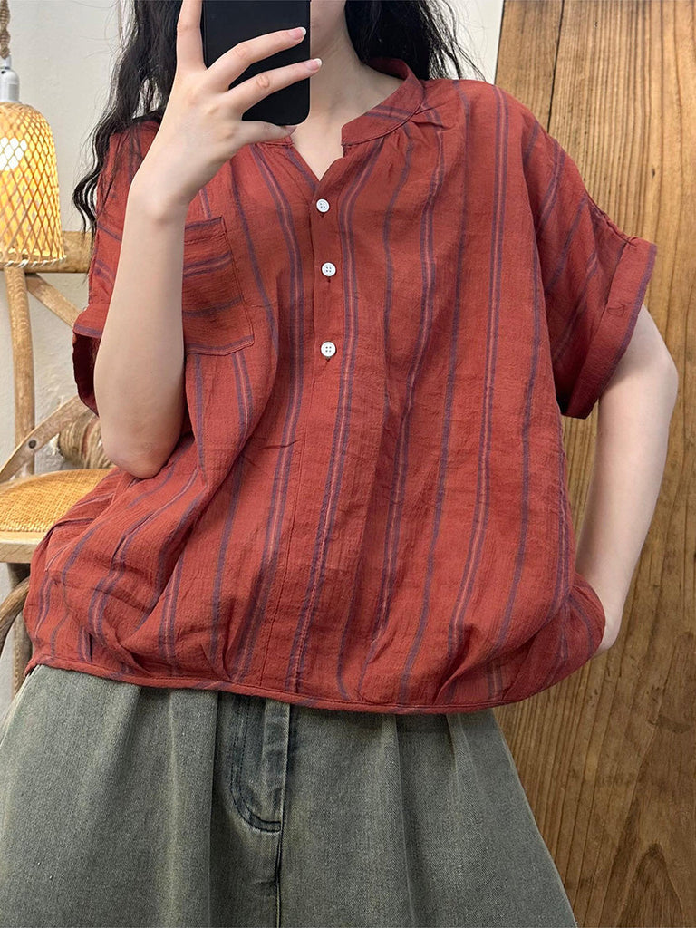 Women Summer Casual Stripe Colorblock Linen Loose Shirt LL045 BUYKUD