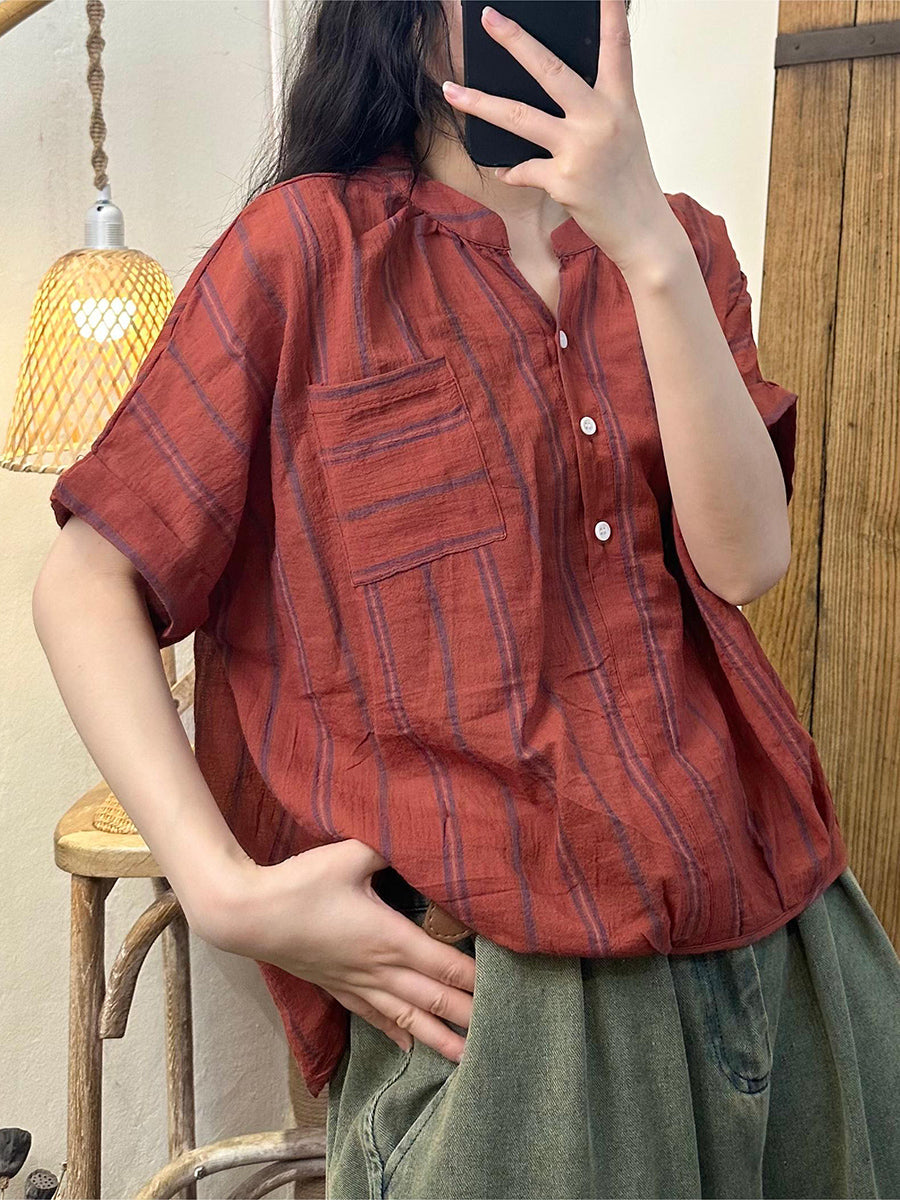 Women Summer Casual Stripe Colorblock Linen Loose Shirt LL045 BUYKUD