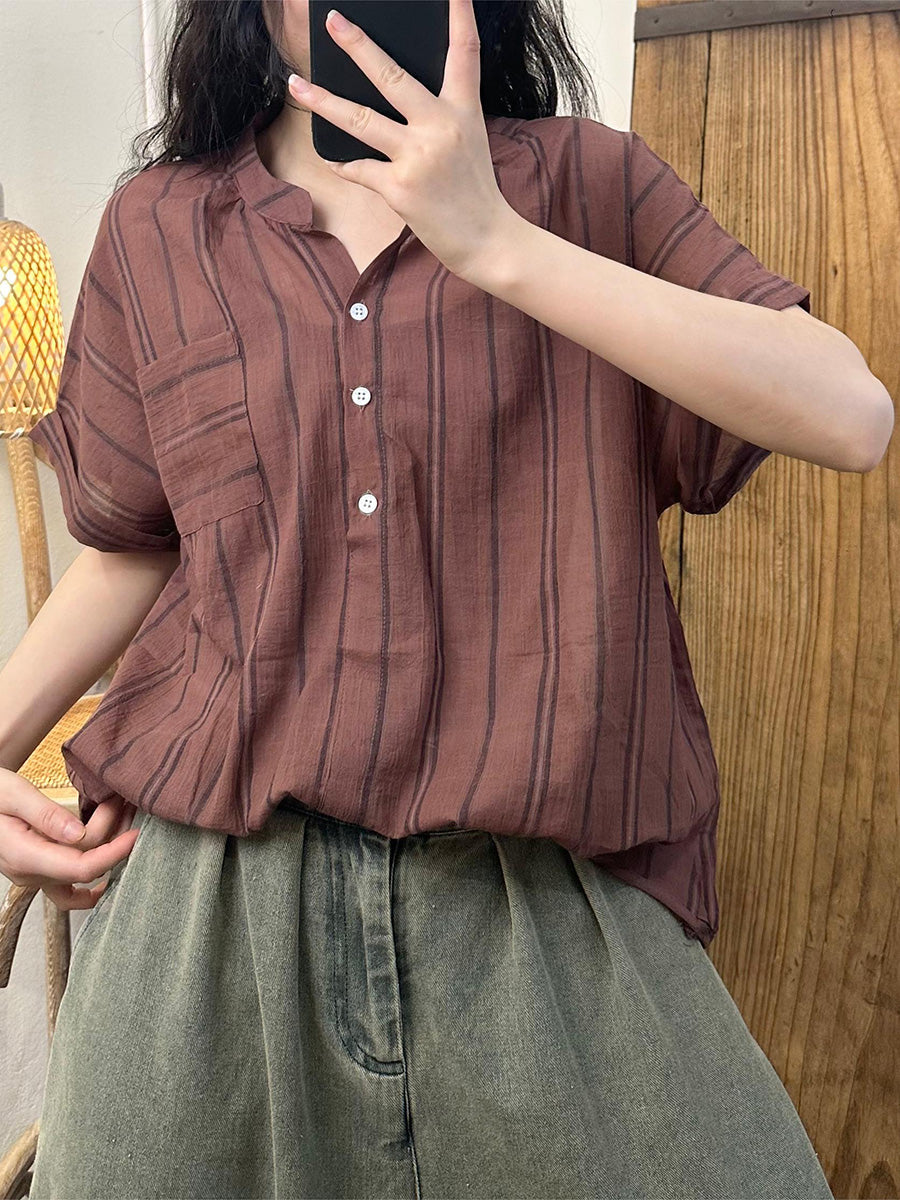 Women Summer Casual Stripe Colorblock Linen Loose Shirt LL045 BUYKUD