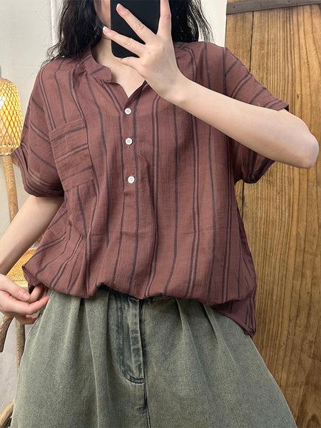 Women Summer Casual Stripe Colorblock Linen Loose Shirt LL045 BUYKUD