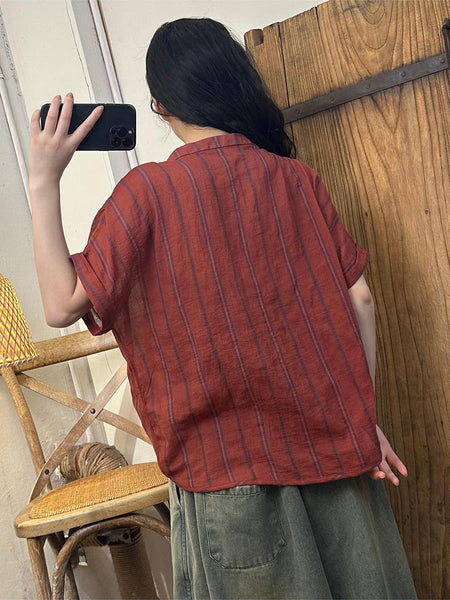 Women Summer Casual Stripe Colorblock Linen Loose Shirt LL045 BUYKUD