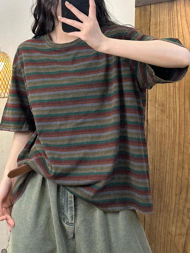 Women Summer Casual Stripe Cotton Pullover Shirt LL044 BUYKUD