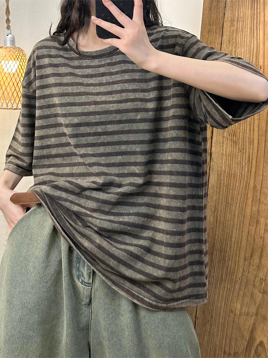 Women Summer Casual Stripe Cotton Pullover Shirt LL044 BUYKUD