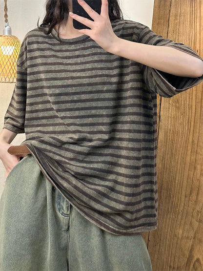 Women Summer Casual Stripe Cotton Pullover Shirt LL044 BUYKUD