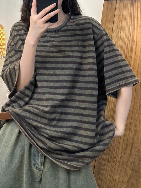 Women Summer Casual Stripe Cotton Pullover Shirt LL044 BUYKUD