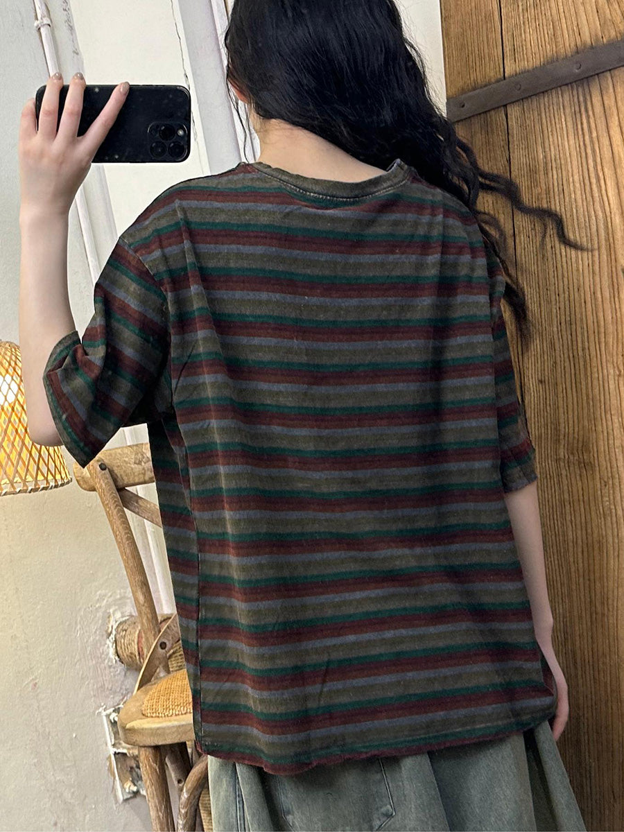 Women Summer Casual Stripe Cotton Pullover Shirt LL044 BUYKUD