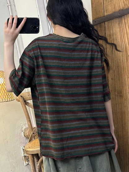 Women Summer Casual Stripe Cotton Pullover Shirt LL044 BUYKUD