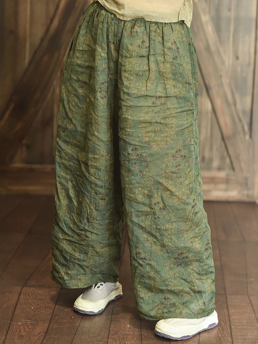 Women Summer Vintage Print Ramie Wide-leg Pants LL047 BUYKUD