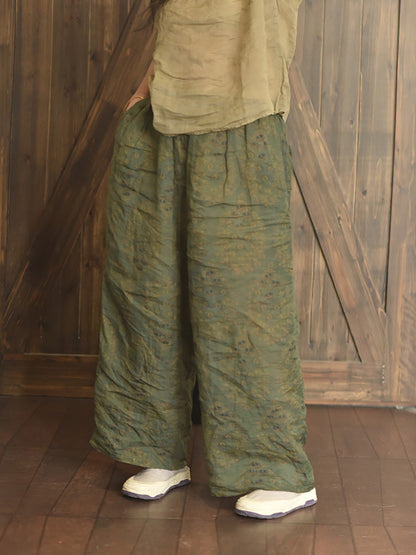 Women Summer Vintage Print Ramie Wide-leg Pants LL047 BUYKUD