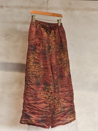 Women Summer Vintage Print Ramie Wide-leg Pants LL047 BUYKUD