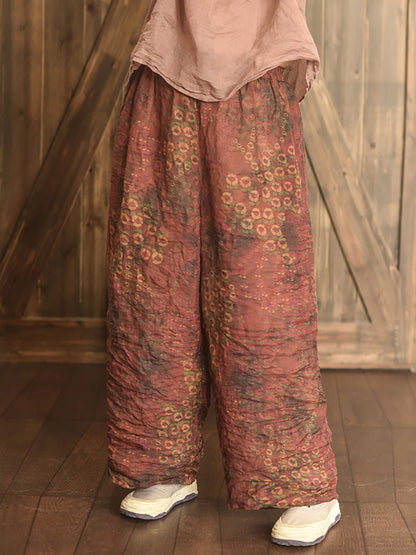 Women Summer Vintage Print Ramie Wide-leg Pants LL047 BUYKUD