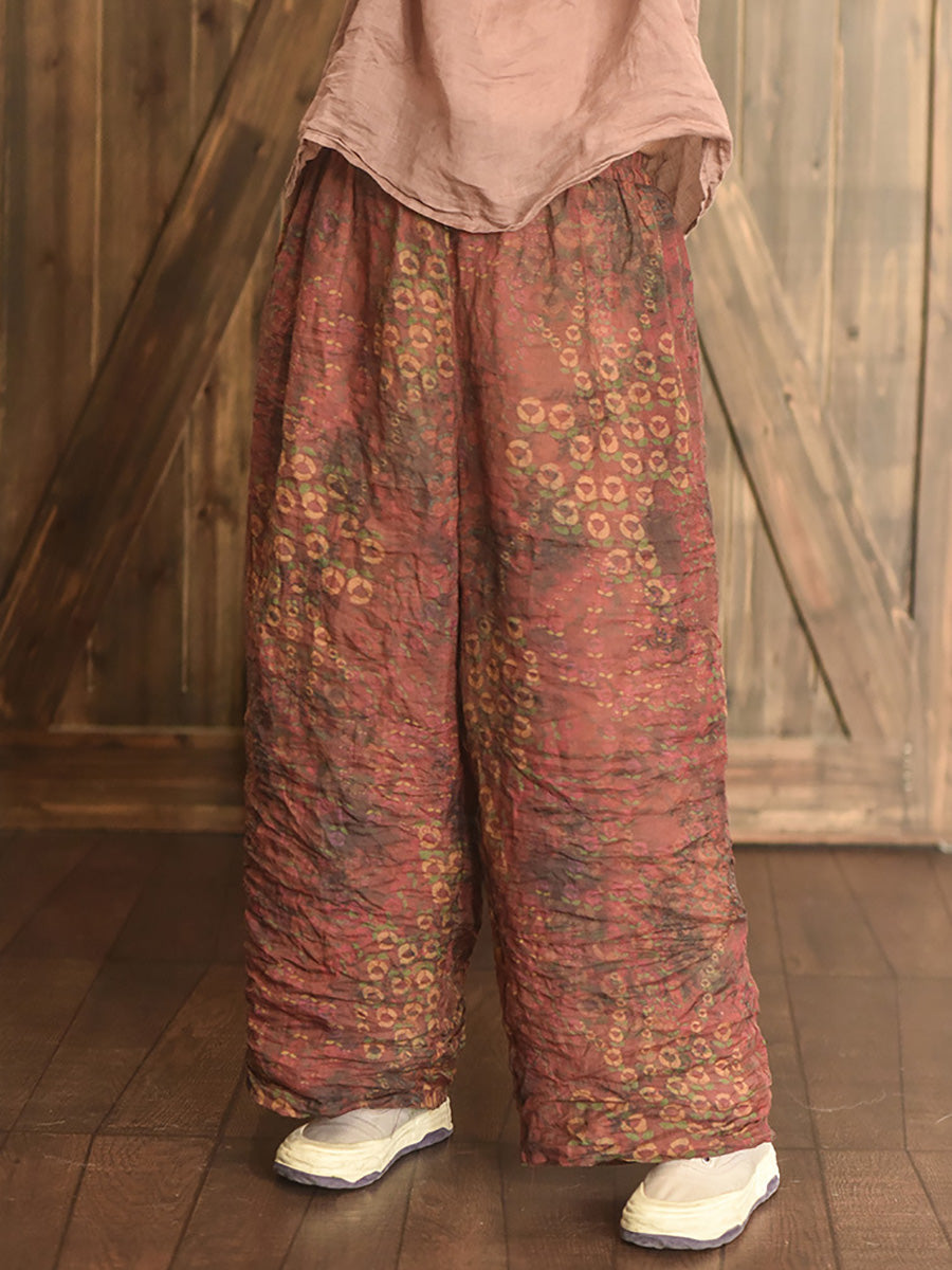 Women Summer Vintage Print Ramie Wide-leg Pants LL047 BUYKUD