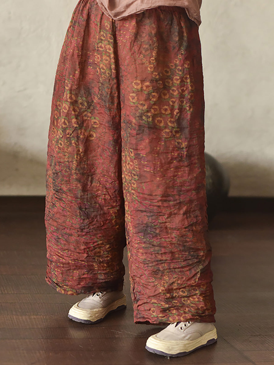 Women Summer Vintage Print Ramie Wide-leg Pants LL047 BUYKUD