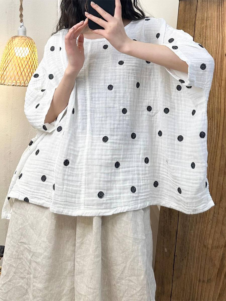 Women Summer Artsy Dot Loose Cotton Shirt LL050 BUYKUD