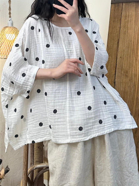 Women Summer Artsy Dot Loose Cotton Shirt LL050 BUYKUD