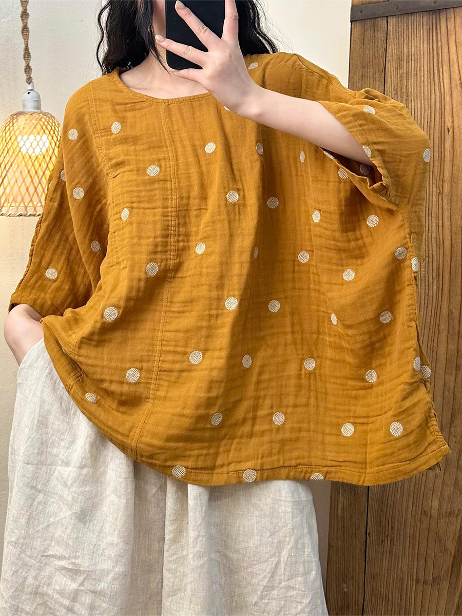 Women Summer Artsy Dot Loose Cotton Shirt LL050 BUYKUD