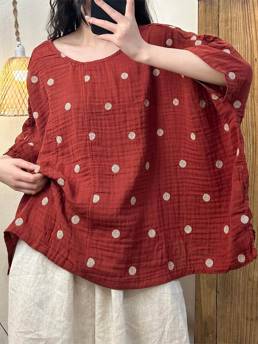 Women Summer Artsy Dot Loose Cotton Shirt LL050 BUYKUD