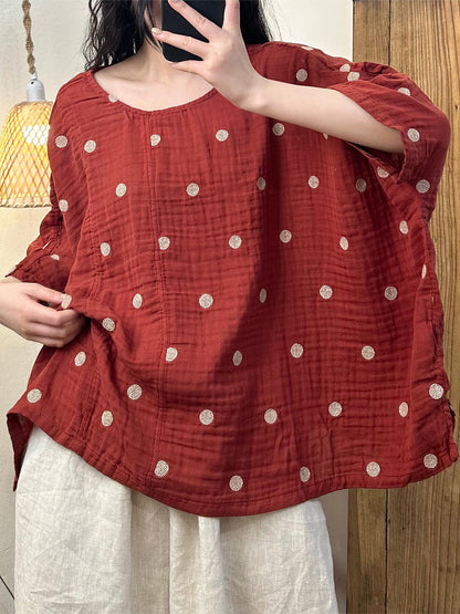 Women Summer Artsy Dot Loose Cotton Shirt LL050 BUYKUD