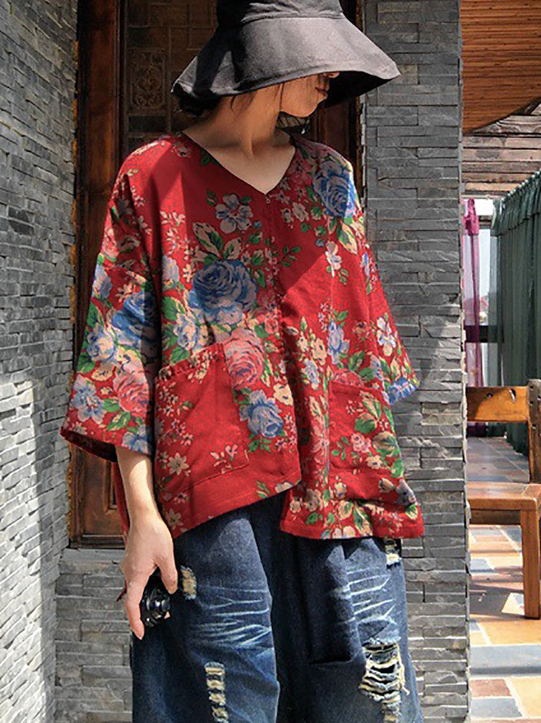 Women Vintage Flower V-Neck  Irregular Spliced Cotton Shirt RR026 BUYKUD