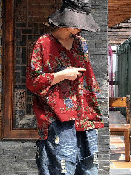 Women Vintage Flower V-Neck  Irregular Spliced Cotton Shirt RR026 BUYKUD