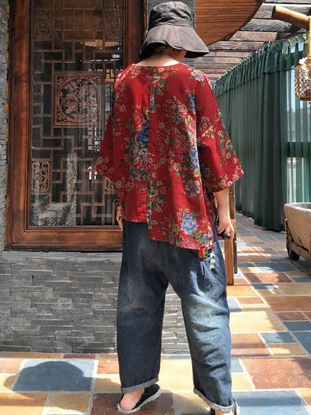 Women Vintage Flower V-Neck  Irregular Spliced Cotton Shirt RR026 BUYKUD