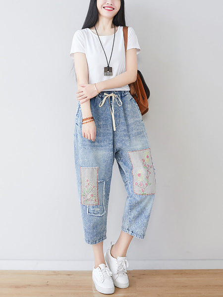 Women Summer Vintage Flower Patch Spliced Denim Pants LL006 BUYKUD