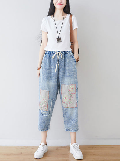 Women Summer Vintage Flower Patch Spliced Denim Pants LL006 BUYKUD