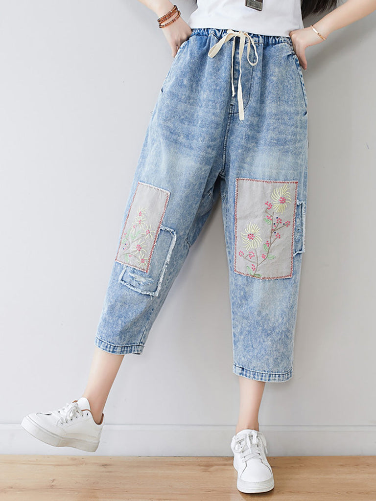 Women Summer Vintage Flower Patch Spliced Denim Pants LL006 BUYKUD