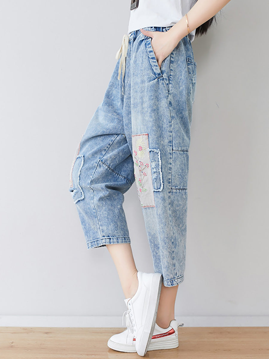 Women Summer Vintage Flower Patch Spliced Denim Pants LL006 BUYKUD