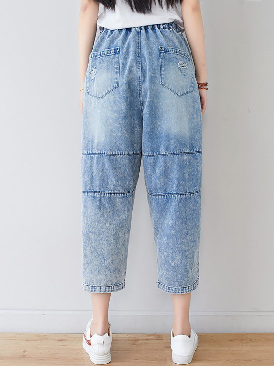 Women Summer Vintage Flower Patch Spliced Denim Pants LL006 BUYKUD