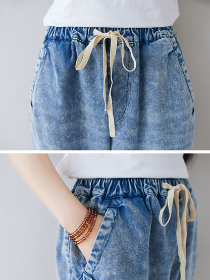 Women Summer Vintage Flower Patch Spliced Denim Pants LL006 BUYKUD