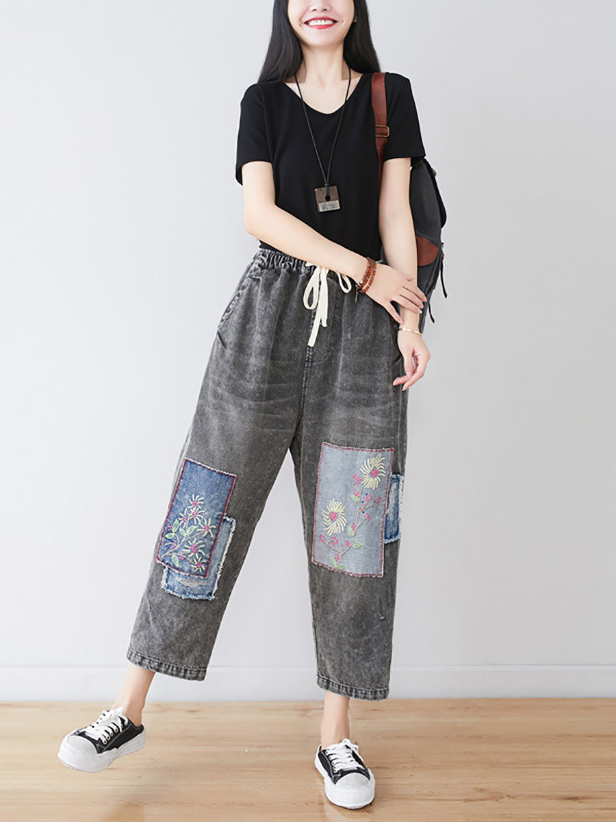 Women Summer Vintage Flower Patch Spliced Denim Pants LL006 BUYKUD