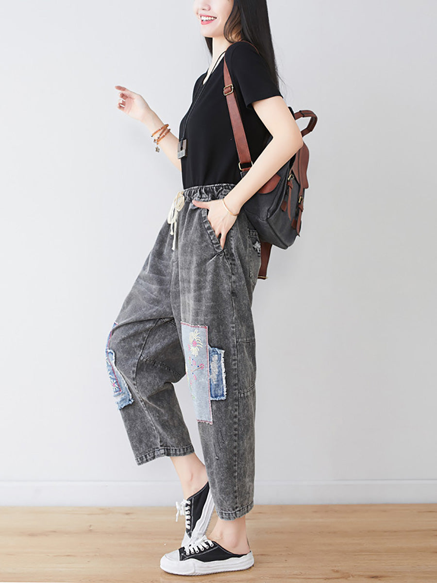 Women Summer Vintage Flower Patch Spliced Denim Pants LL006 BUYKUD