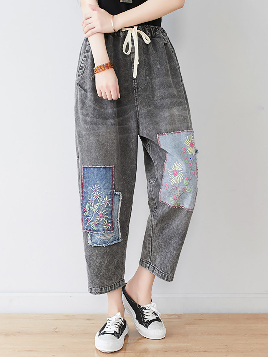 Women Summer Vintage Flower Patch Spliced Denim Pants LL006 BUYKUD