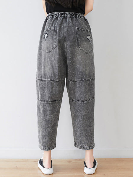 Women Summer Vintage Flower Patch Spliced Denim Pants LL006 BUYKUD