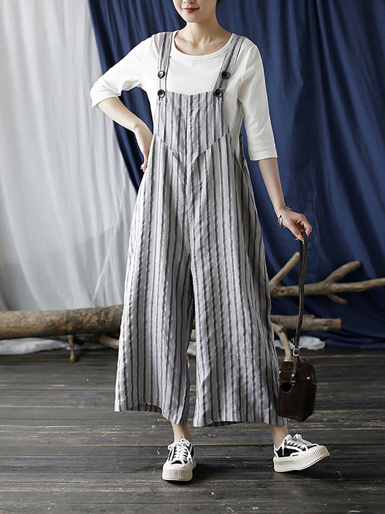 Women Summer Casual Stripe Wide-leg Linen Jumpsuits LL008 BUYKUD