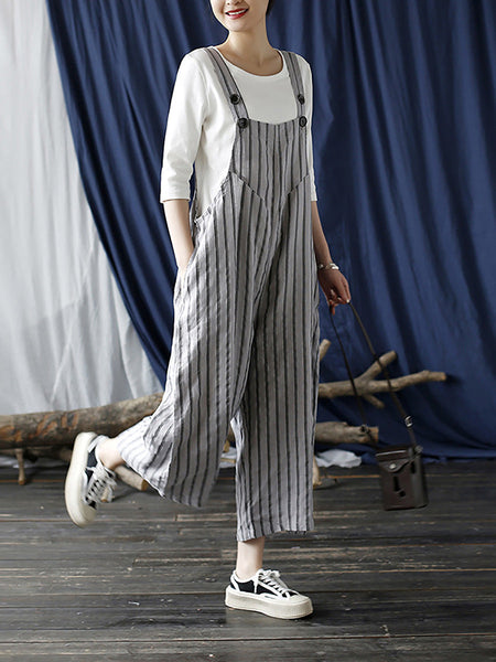 Women Summer Casual Stripe Wide-leg Linen Jumpsuits LL008 BUYKUD