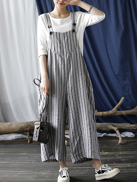 Women Summer Casual Stripe Wide-leg Linen Jumpsuits LL008 BUYKUD