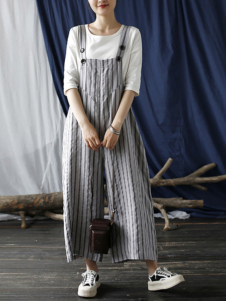 Women Summer Casual Stripe Wide-leg Linen Jumpsuits LL008 BUYKUD