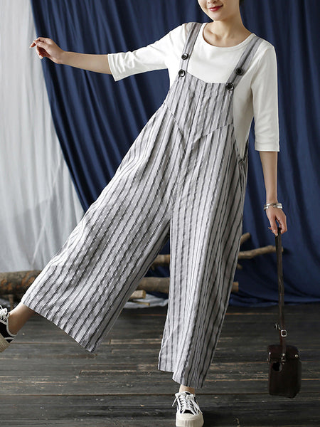 Women Summer Casual Stripe Wide-leg Linen Jumpsuits LL008 BUYKUD