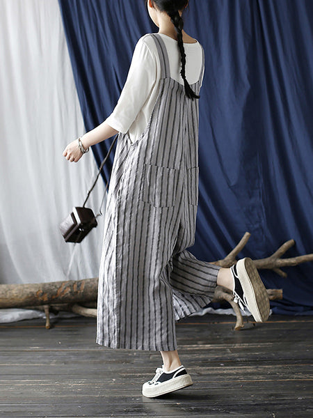 Women Summer Casual Stripe Wide-leg Linen Jumpsuits LL008 BUYKUD