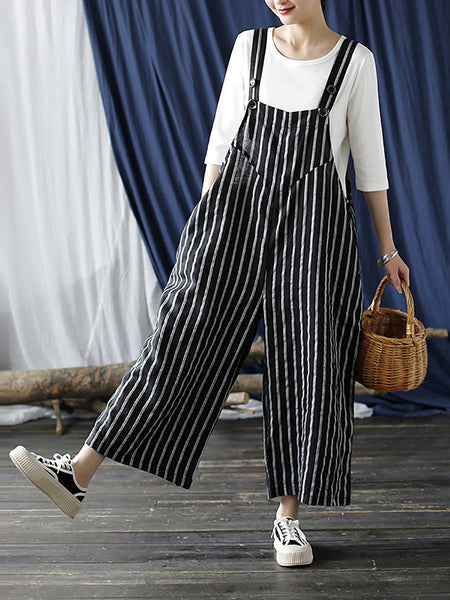 Women Summer Casual Stripe Wide-leg Linen Jumpsuits LL008 BUYKUD