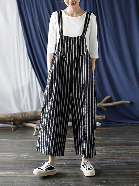 Women Summer Casual Stripe Wide-leg Linen Jumpsuits LL008 BUYKUD