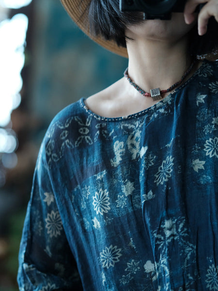 Women Spring Vintage Flower Loose Ramie Dress LL009 BUYKUD