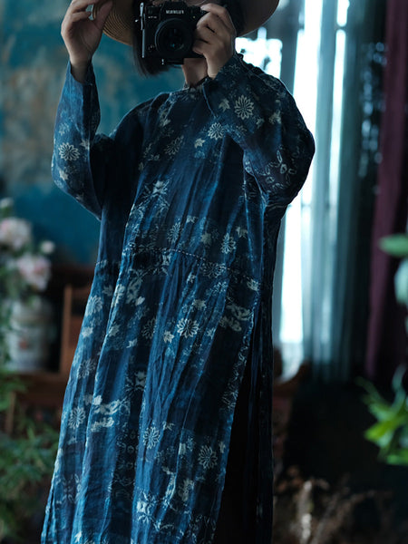 Women Spring Vintage Flower Loose Ramie Dress LL009 BUYKUD