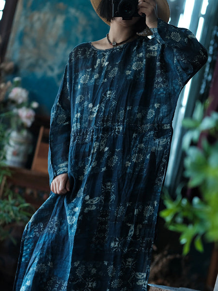 Women Spring Vintage Flower Loose Ramie Dress LL009 BUYKUD