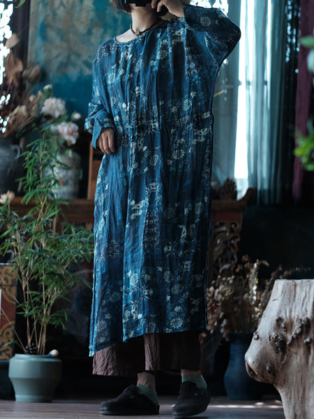 Women Spring Vintage Flower Loose Ramie Dress LL009 BUYKUD