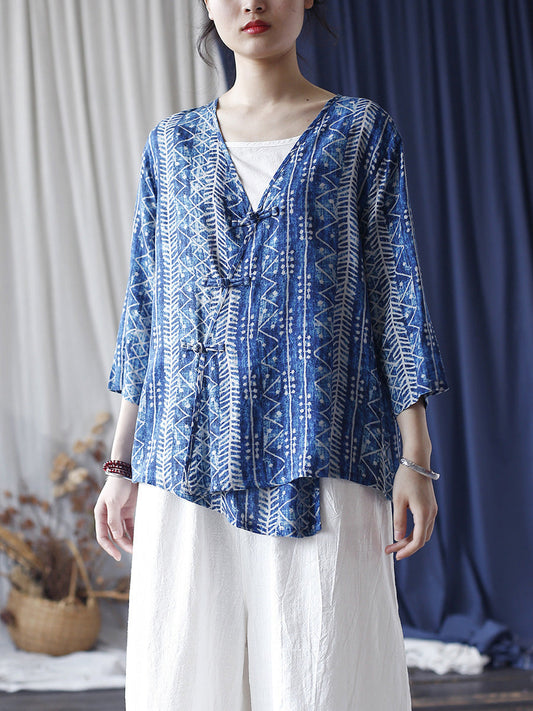 Women Summer Ethnic Print Slant Button-up V-Neck Shirt LL011 XIM