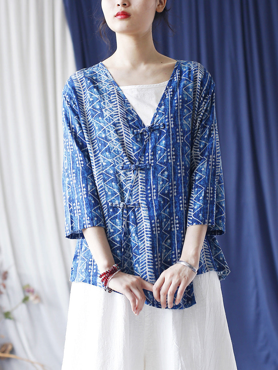 Women Summer Ethnic Print Slant Button-up V-Neck Shirt LL011 XIM