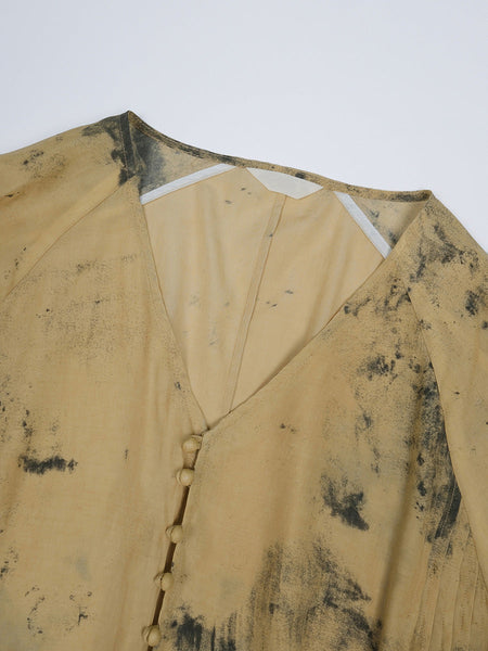 Women Summer Vintage Ink-print V-Neck Loose Shirt LL012 BUYKUD